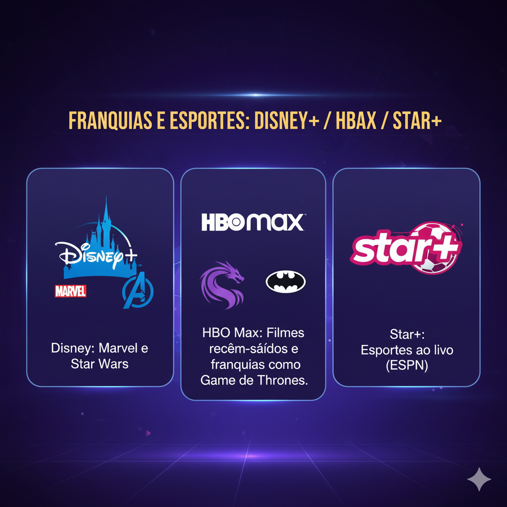 15 Melhores Apps para Assistir Futebol ao Vivo (Grátis e Pagos) 4 HBO Max: Filmes recém-saídos e franquias como Game of Thrones. / Disney+: Marvel e Star Wars. / Star+: Esportes ao vivo (ESPN).